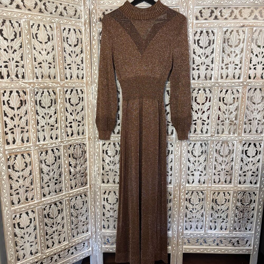 VTG 70s Wenjilli Copper Metallic Disco Slinky Knit Lurex Glitter Dress 9/10